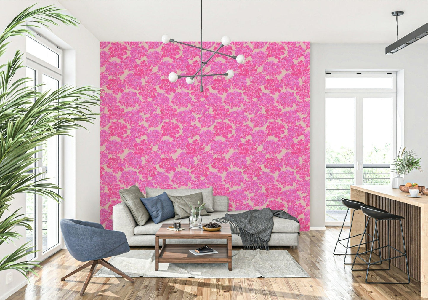Soft pink blooms cover this English floral wallpaper