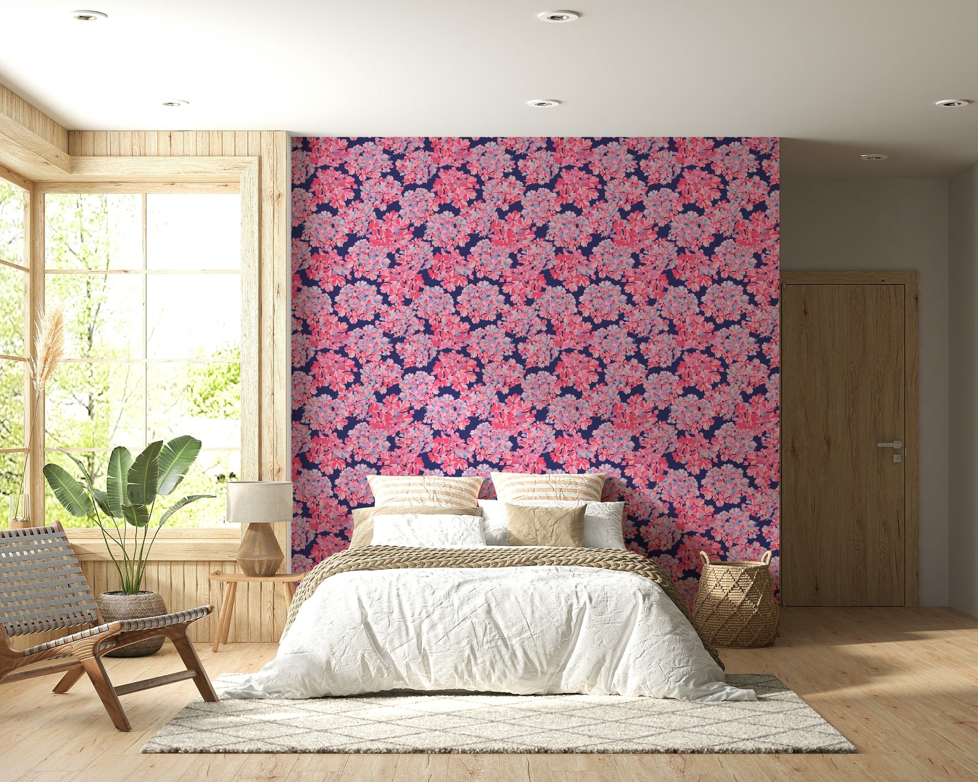 Bold magenta fuchsia floral print wall mural. Big Bloom Hydrangeas.