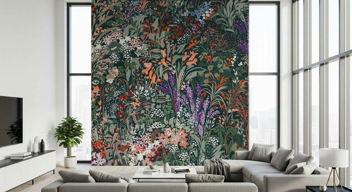Stunning Biodiversity Canvas mural, forest growth, expressive color, organic shapes.