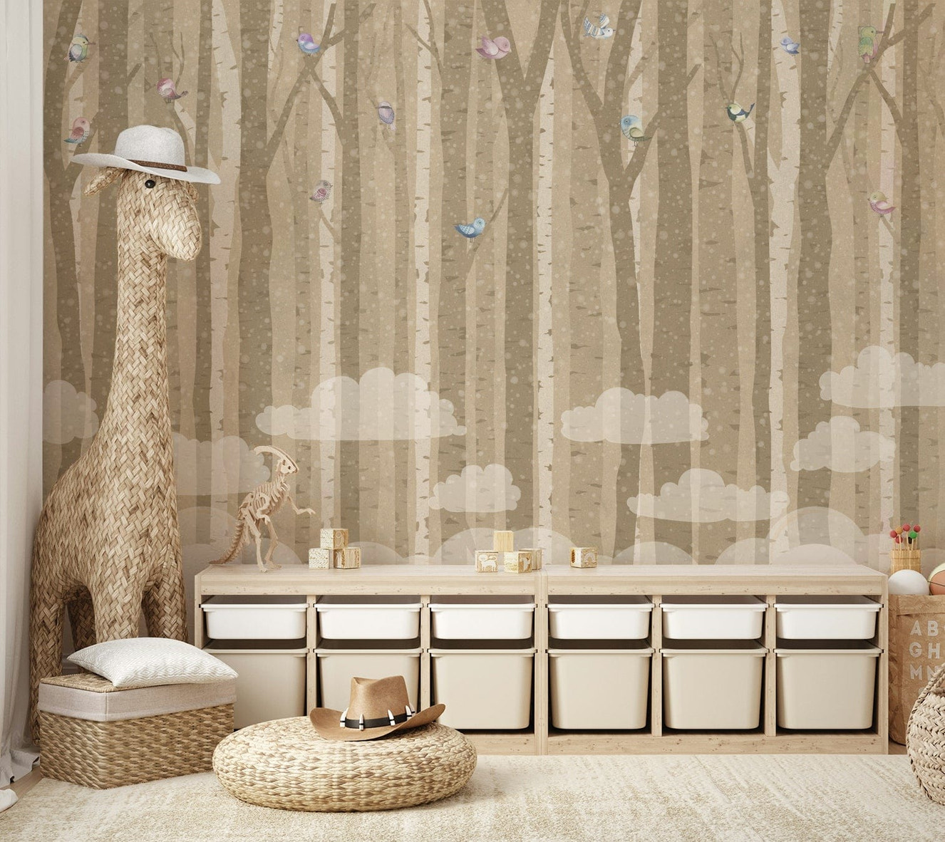 A peaceful wall mural with an elegant forest scene.

