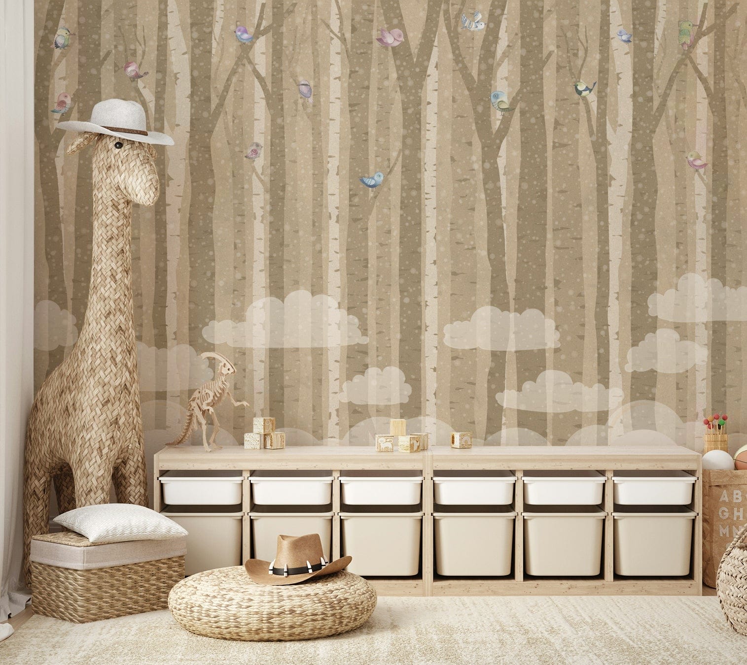 A peaceful wall mural with an elegant forest scene.

