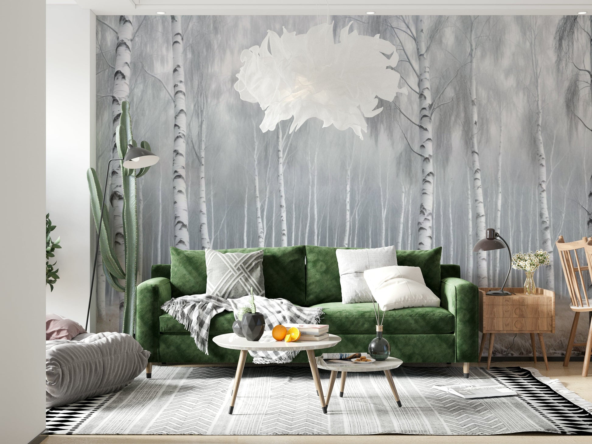 Soft birch woodland wall mural in dining area, muted beige tones, modern wall decor
