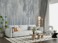 Birch forest wallpaper mural in entryway, light tones, modern wall decor accent