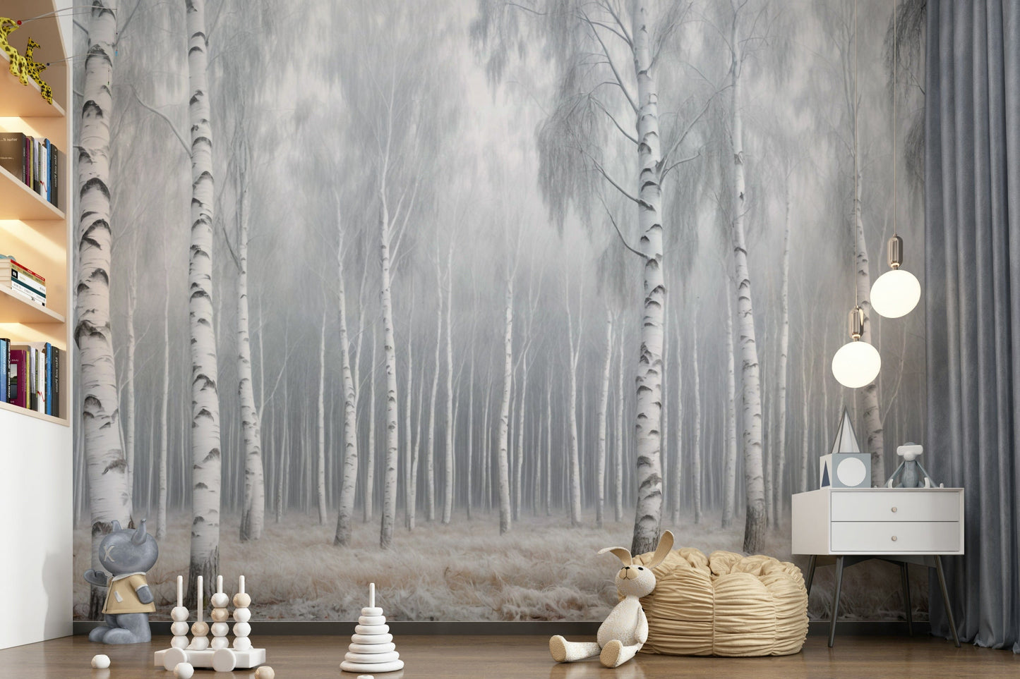 Neutral birch woodland wall mural in guest room, soft shading, relaxing feature wall