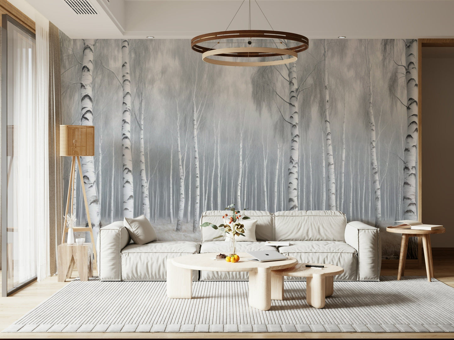 Birch tree wallpaper mural in home office, clean modern desk setup, nature-inspired backdrop
