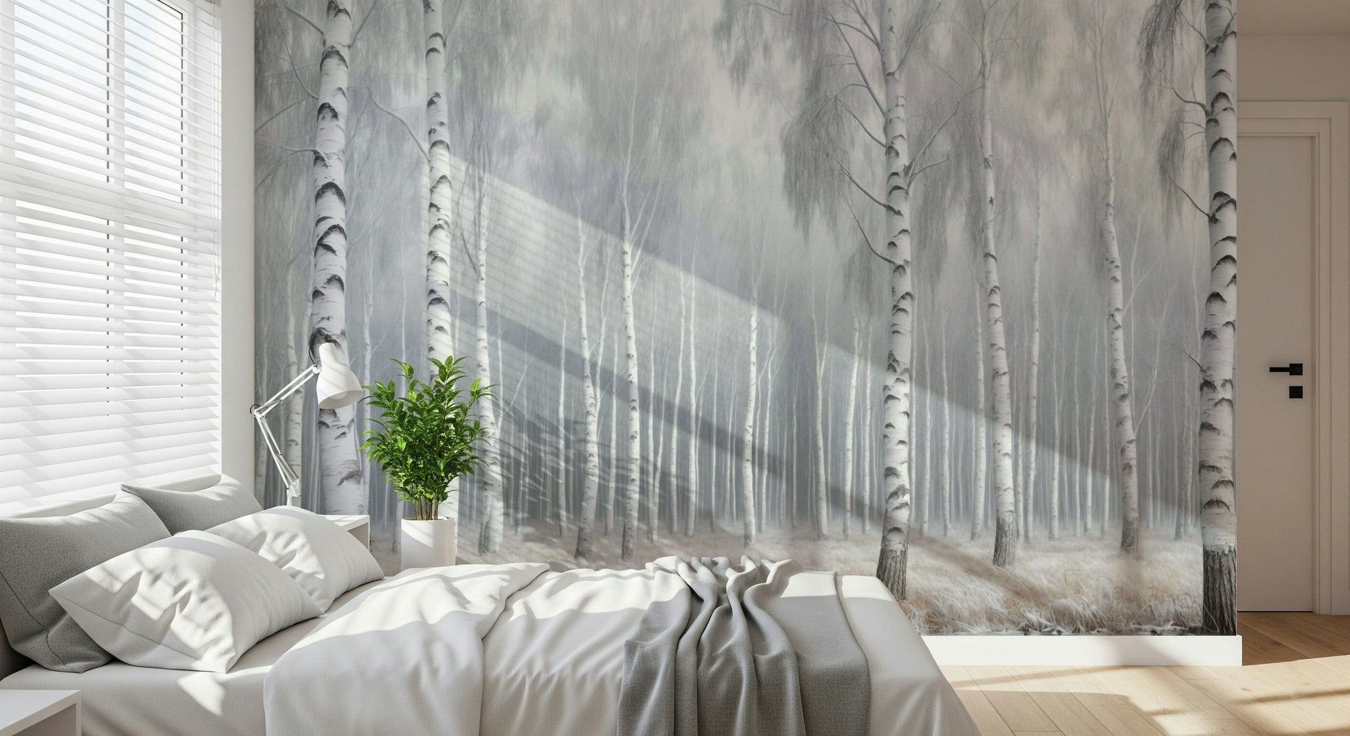 Birch Whispers Wall Mural in hallway, slender tree pattern, neutral wall covering