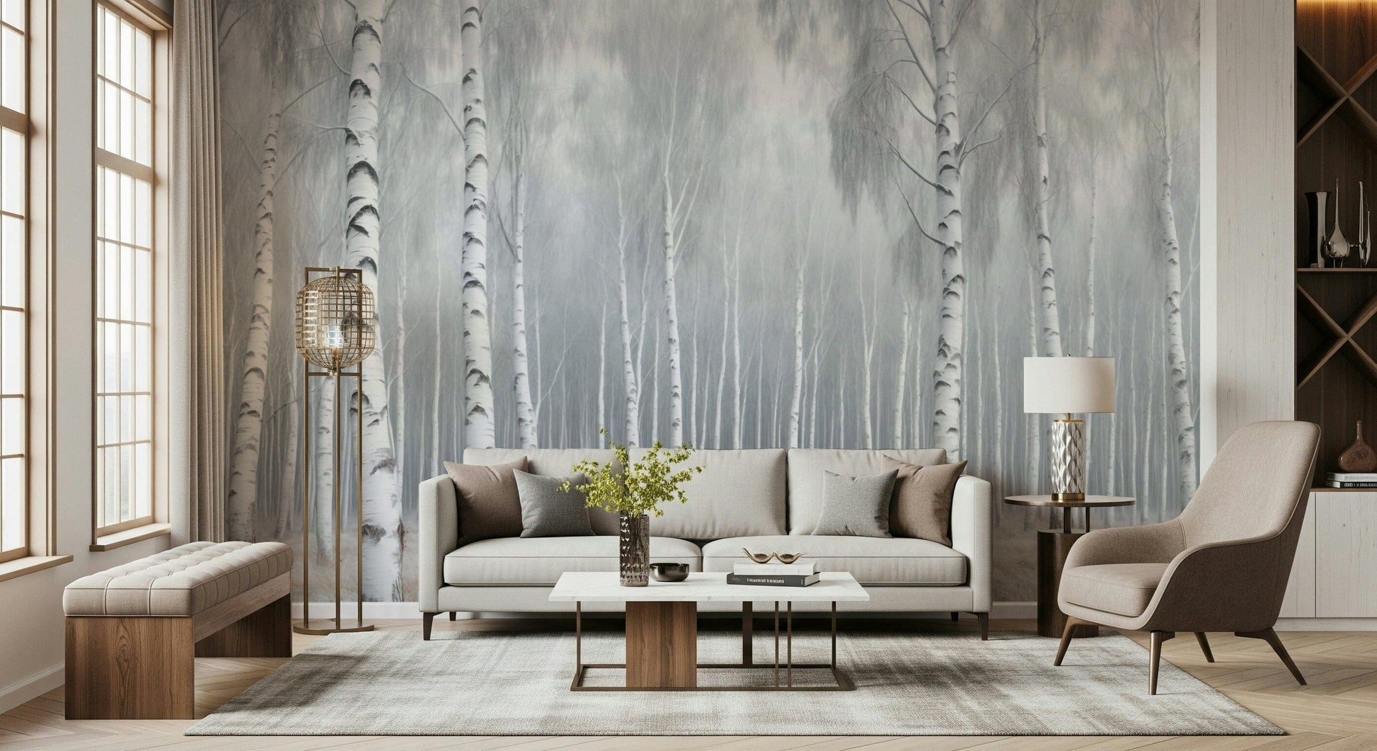 Minimal birch tree mural in bedroom, airy neutral colors, headboard feature wall wallpaper