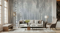 Minimal birch tree mural in bedroom, airy neutral colors, headboard feature wall wallpaper