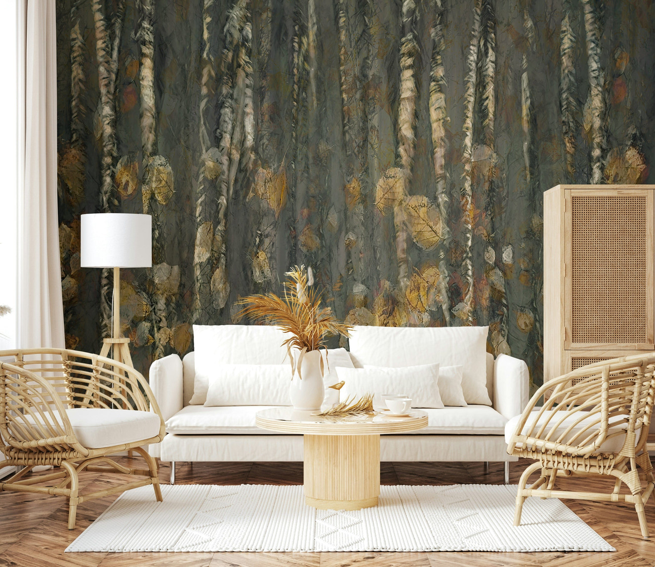 Birchwood's Embrace Wall Mural in an open plan living space with timber floors.