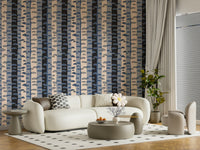 Kids room wall decor with cream and grey birch stripes, simple forest motif with retro styling