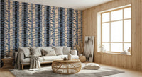 Hallway feature wall with blue and black birch tree stripes, tidy repeat pattern for compact areas