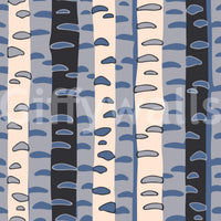Bedroom headboard wall with retro birch forest stripes, vertical lines in grey and cream, balanced colour