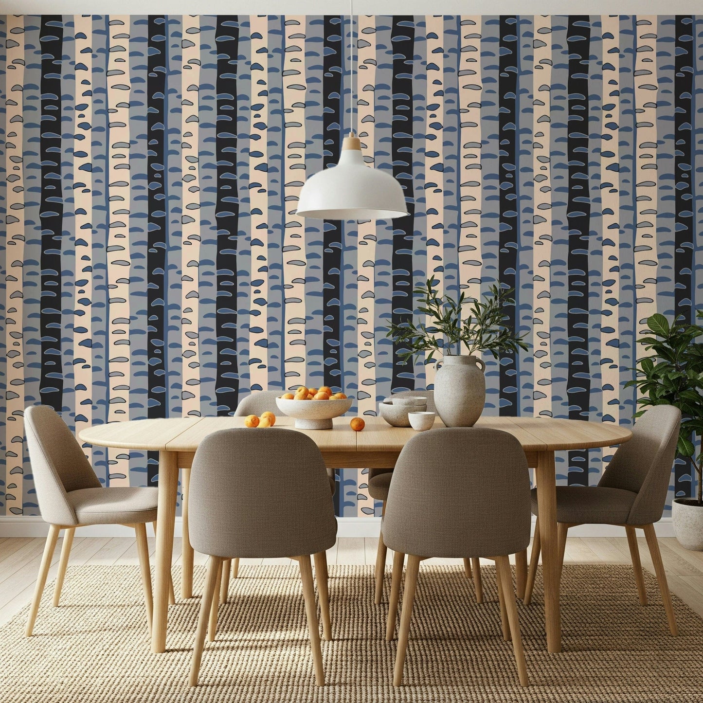 Bedroom accent wall with birch trunk stripes, mid-century forest pattern