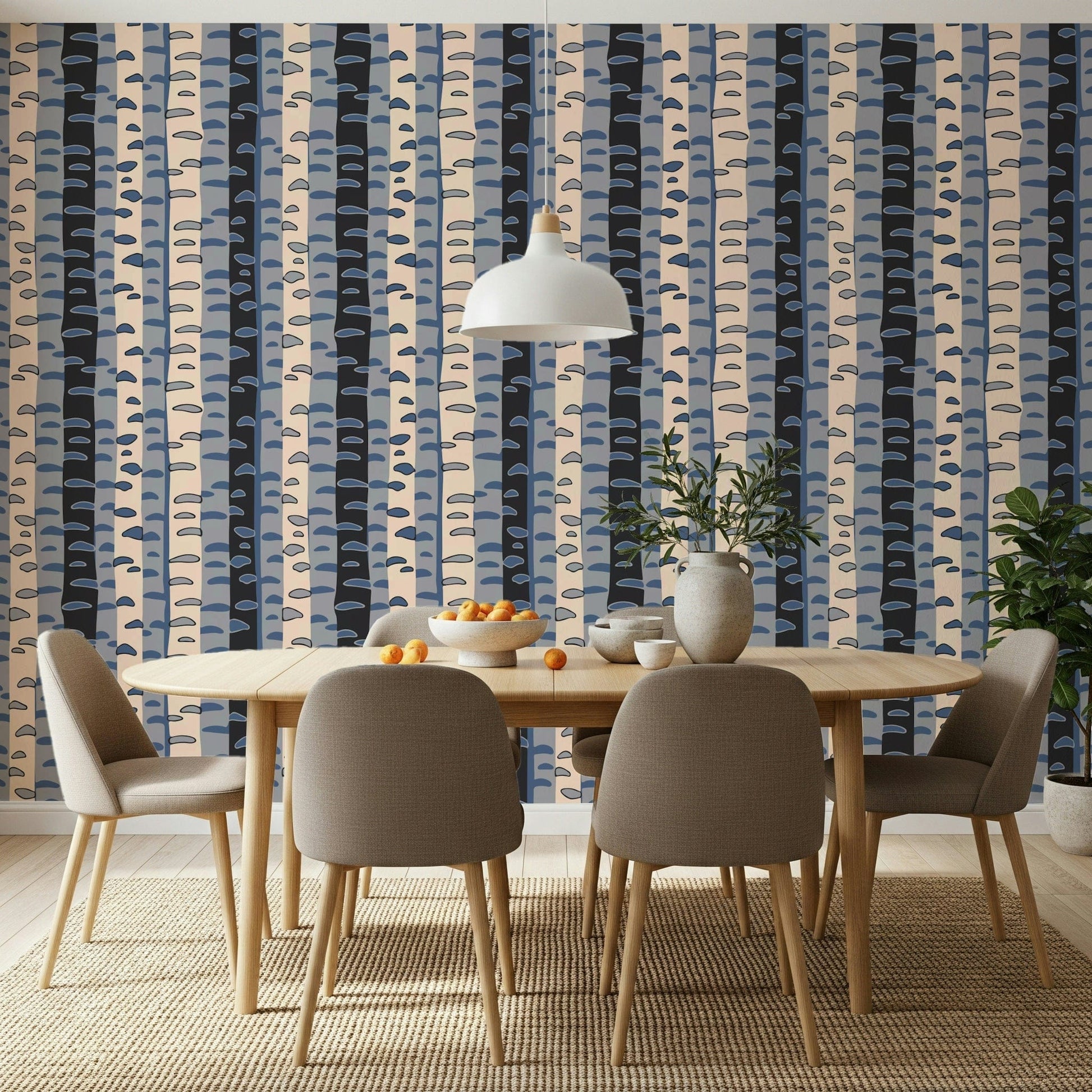 Bedroom accent wall with birch trunk stripes, mid-century forest pattern