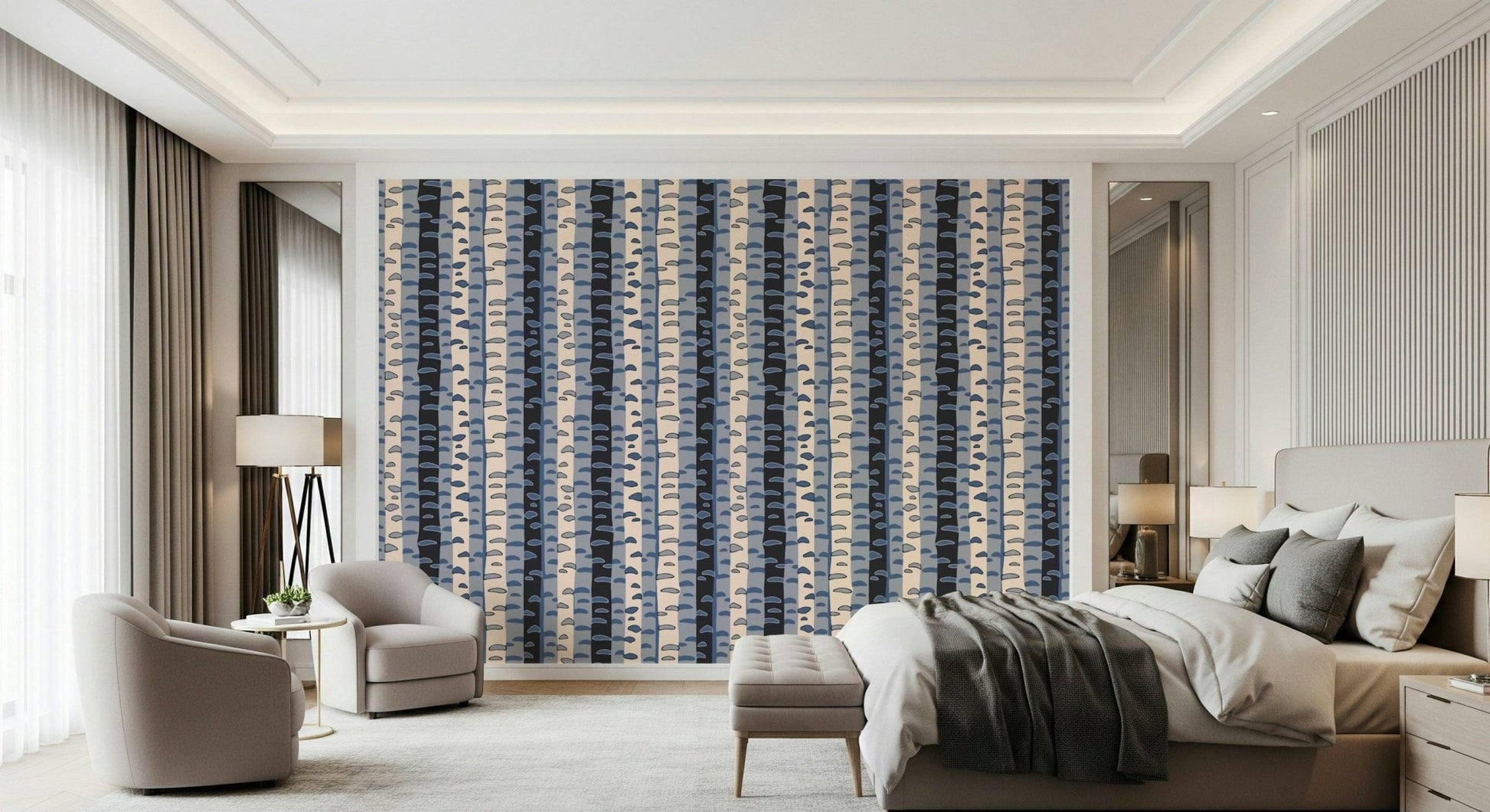 Entry wall with abstract birch trunks in blue and charcoal