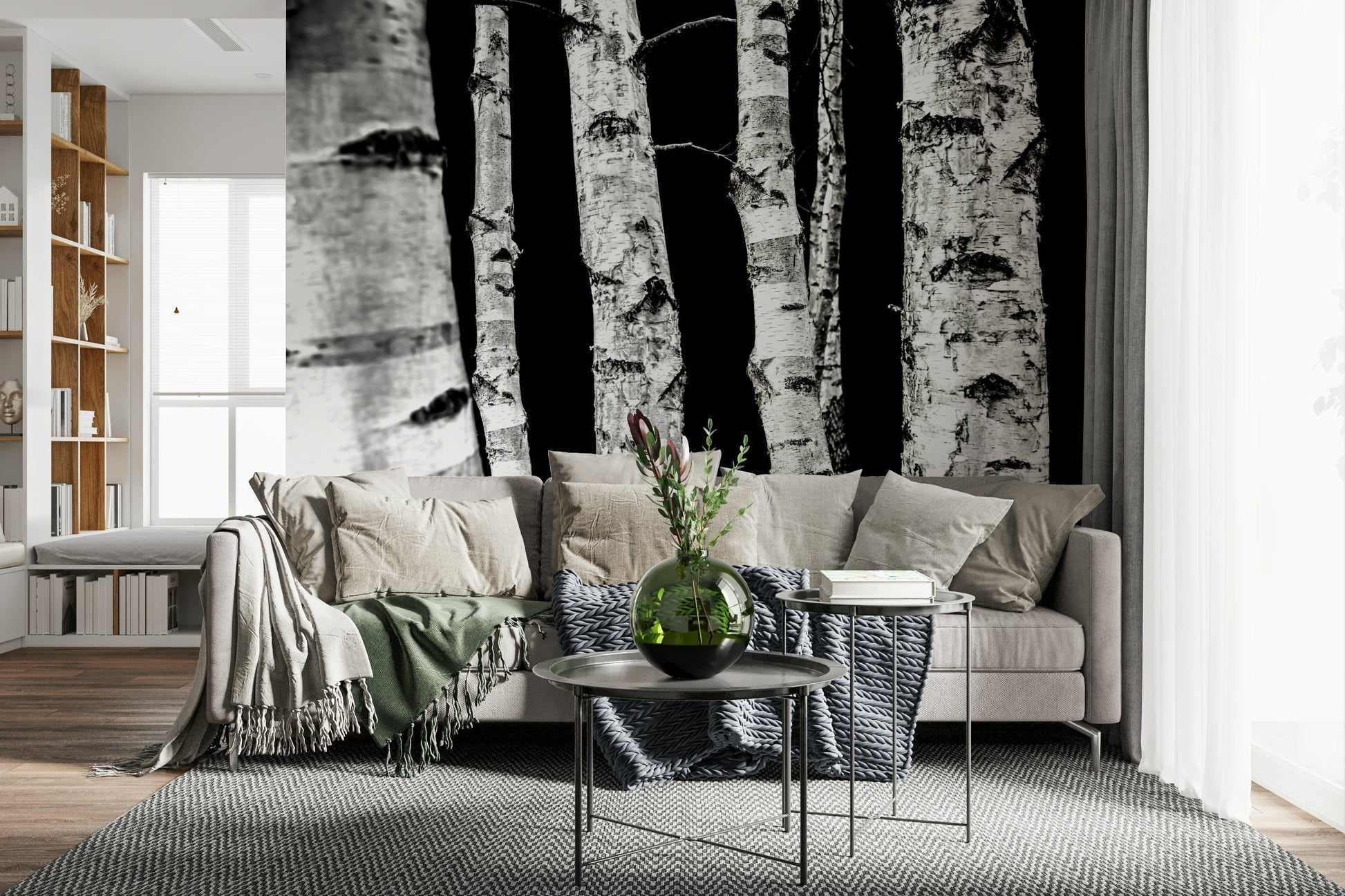 Textured birch tree wallpaper for an edgy minimalist style.
