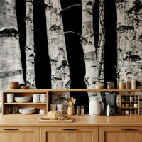 Dramatic black background emphasizes bright woodland wall mural.