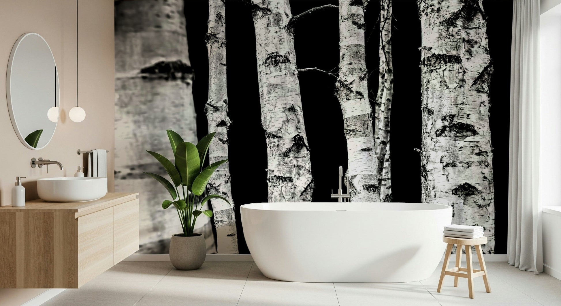 Monochrome Woods design, a stark forest mural for interiors.