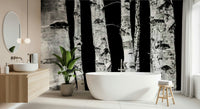 Monochrome Woods design, a stark forest mural for interiors.