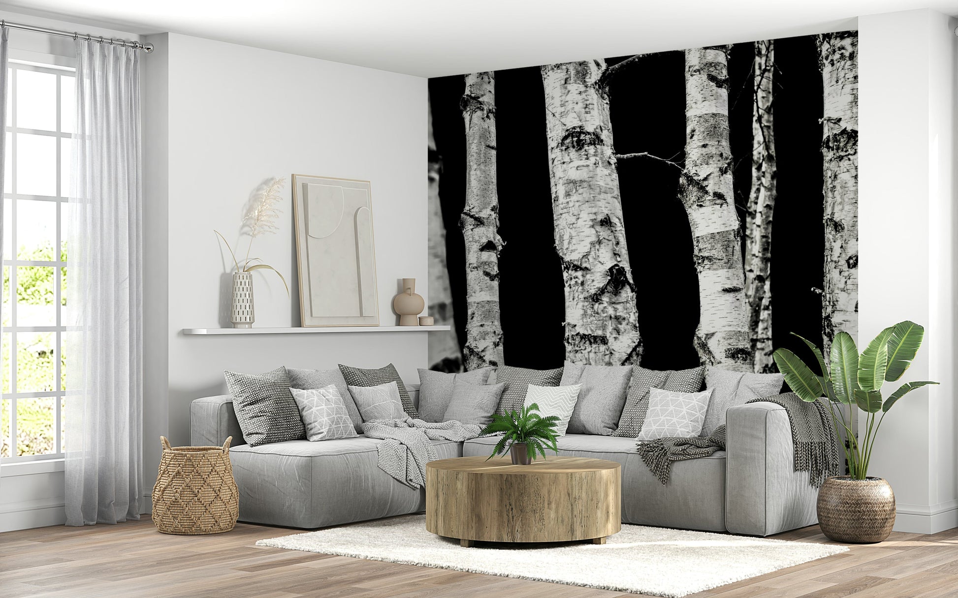 Bold black and white wallpaper with textured birchwood pattern.