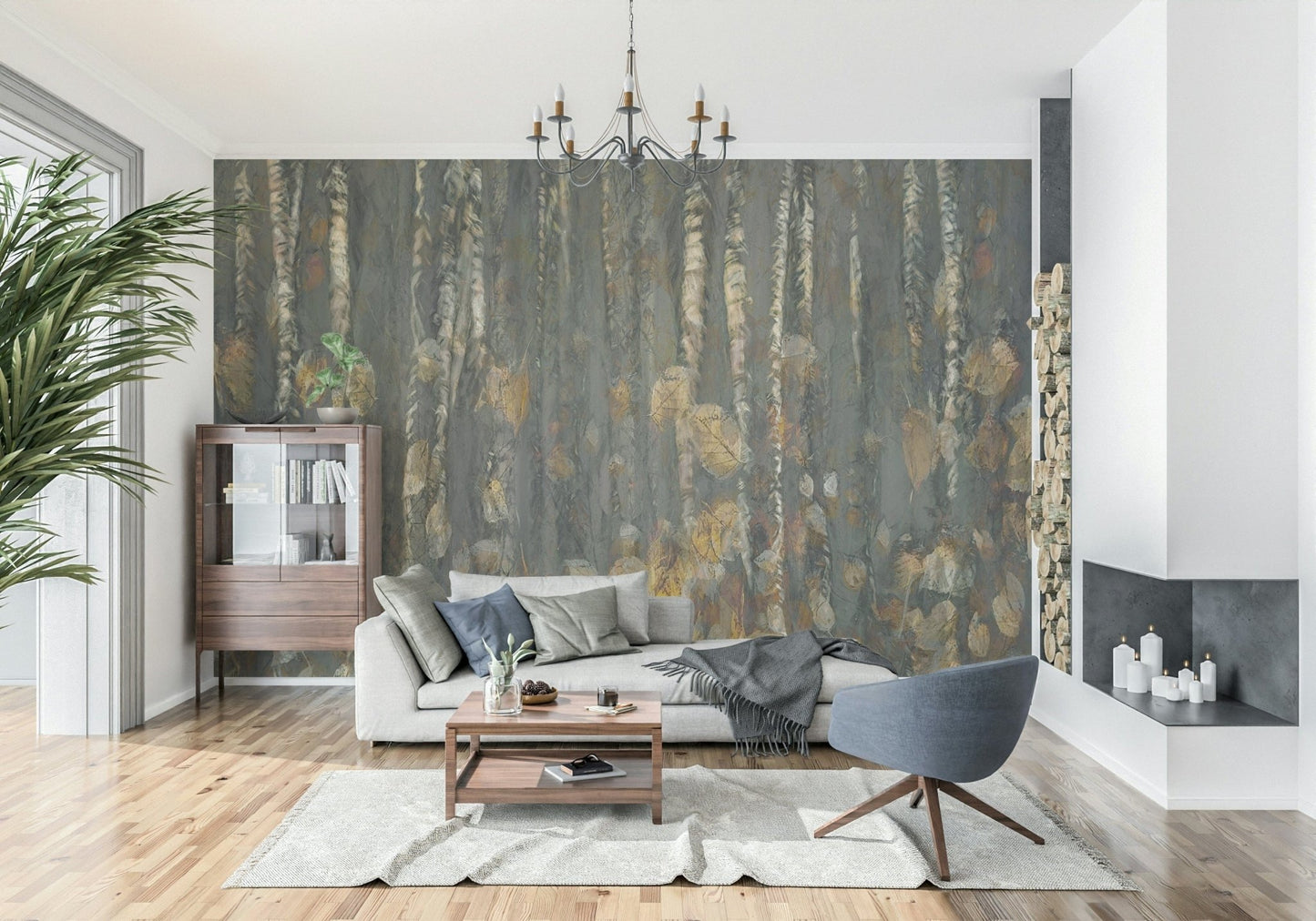 Birchwood's Embrace Wall Mural used as a backdrop in a home office setting