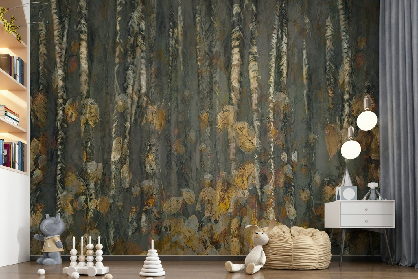 Birch forest wallpaper for a bright and airy bedroom feature wall.