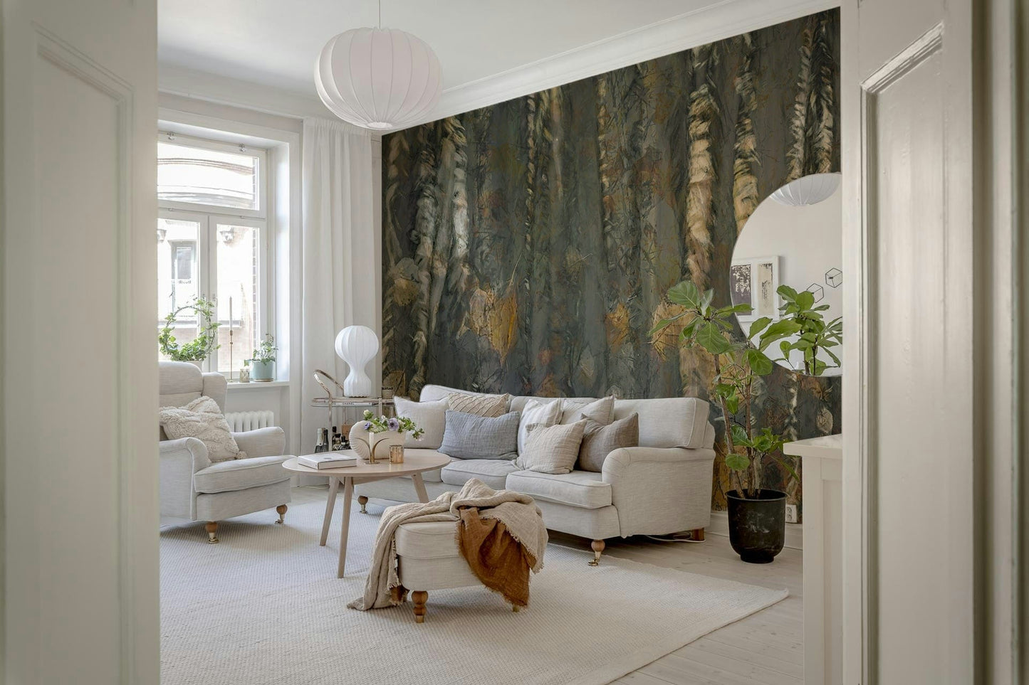 Birchwood's Embrace Wall Mural behind a wooden bed frame in a master suite