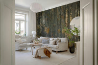 Birchwood's Embrace Wall Mural behind a wooden bed frame in a master suite