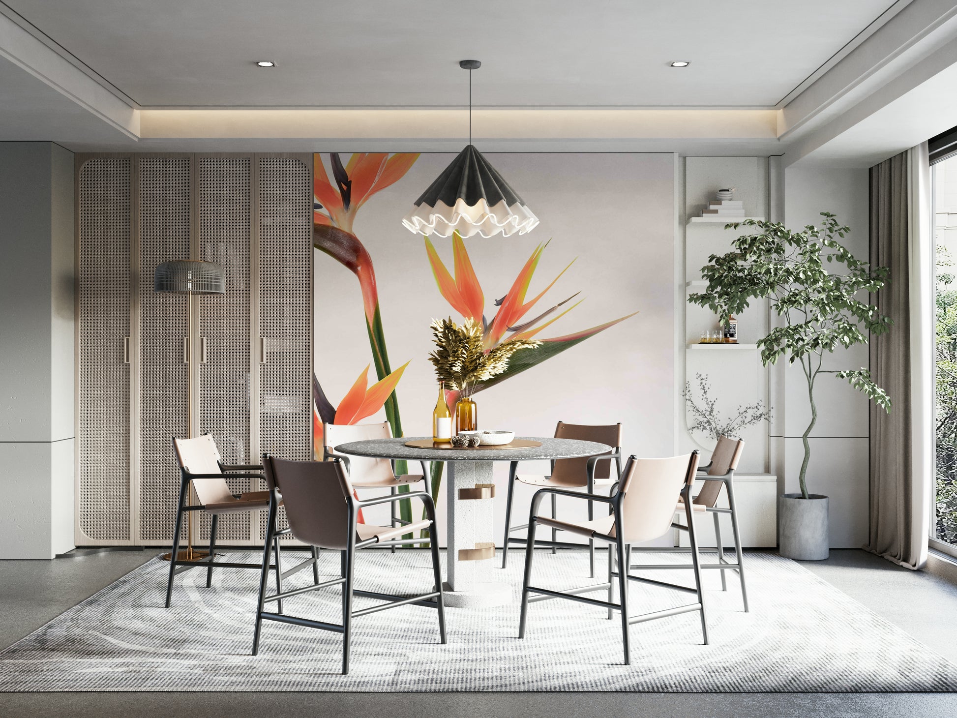 Bright and bold Bird of Paradise floral mural for vibrant spaces.

