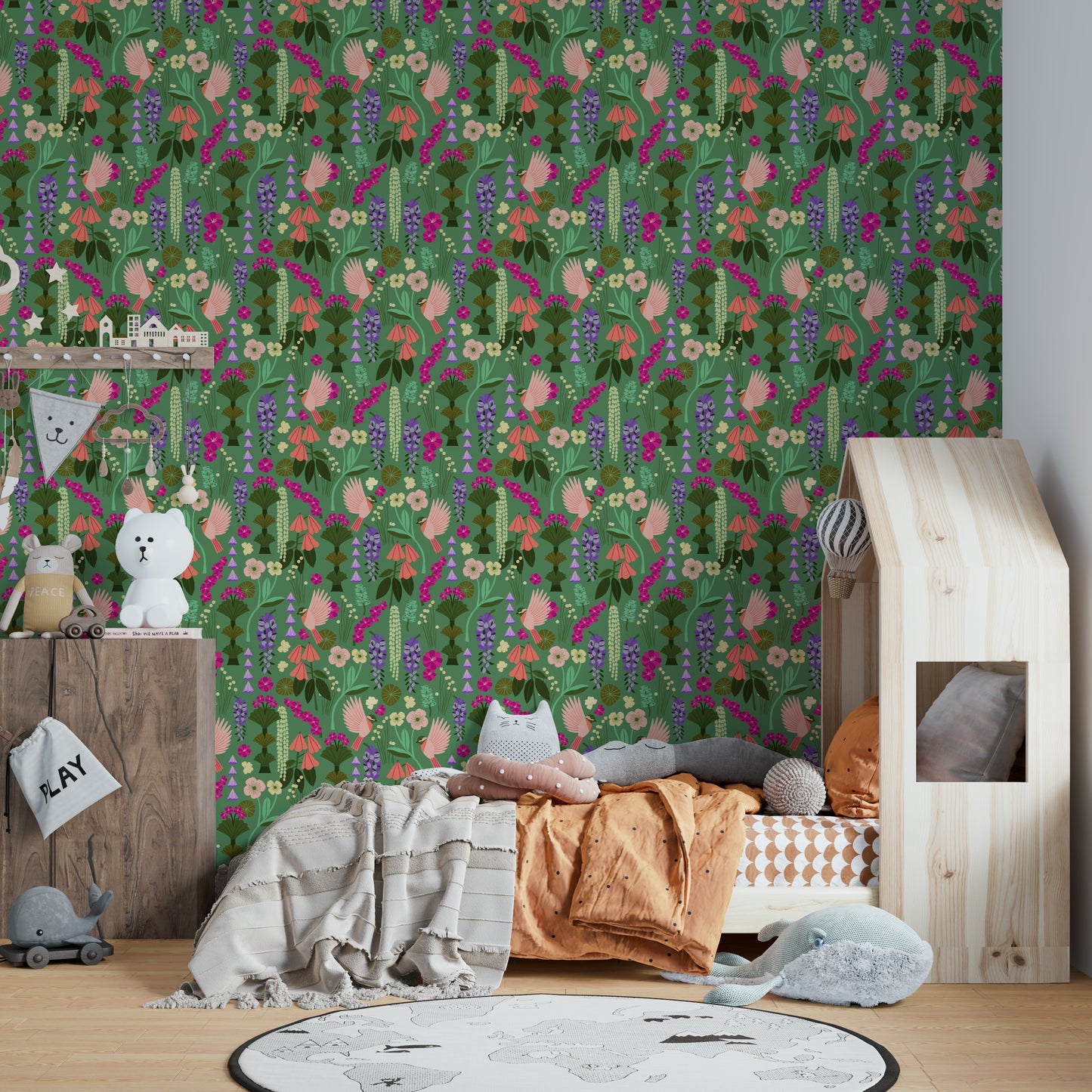Nature-inspired wallpaper with birds and flowers

