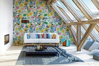 Vibrant bird and floral wallpaper with lively botanical designs

