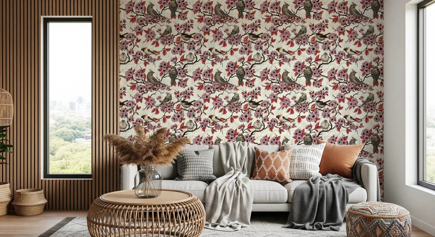 Home office with detailed bird blossom wallpaper