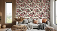 Home office with detailed bird blossom wallpaper