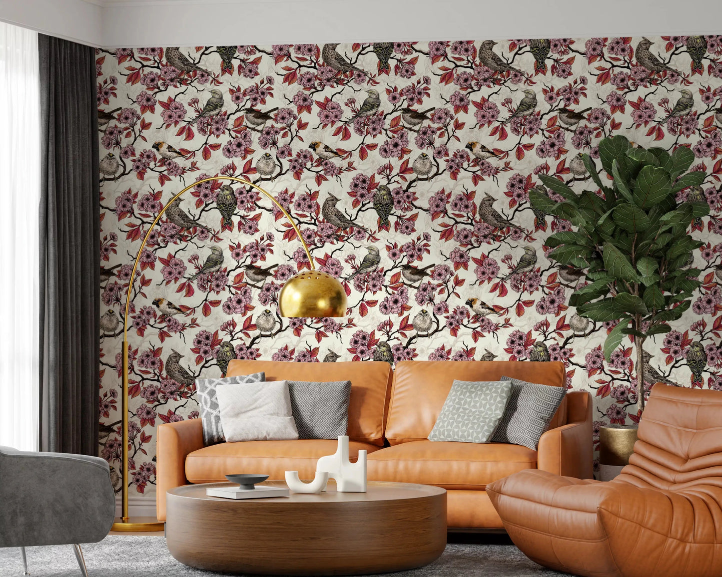 Living room styled in pink blossom bird wallpaper on ivory