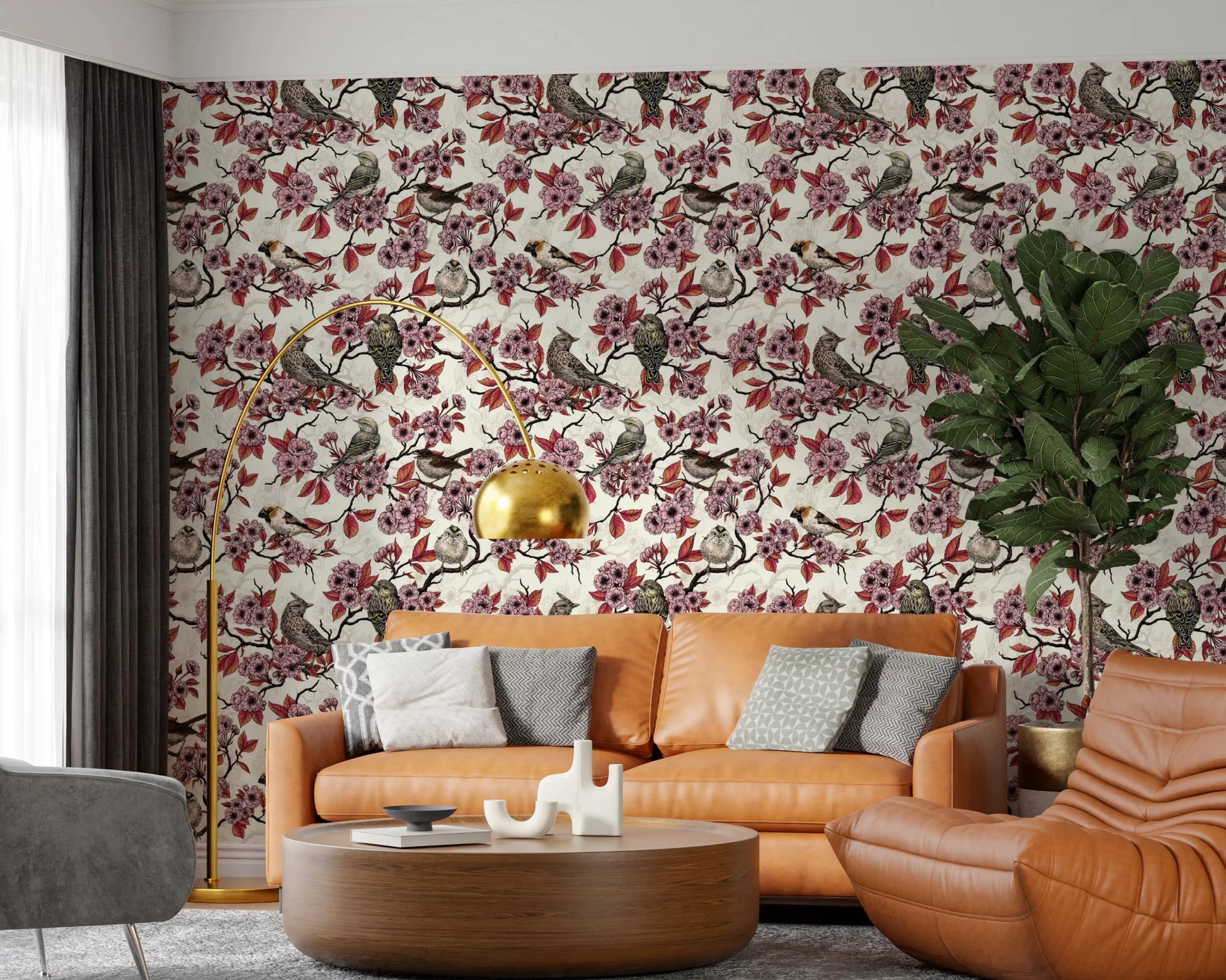 Living room styled in pink blossom bird wallpaper on ivory