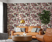 Living room styled in pink blossom bird wallpaper on ivory