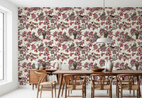Dining room in botanical bird wallpaper with pink blooms