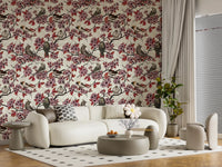 Living room with ivory bird and cherry blossom wallpaper
