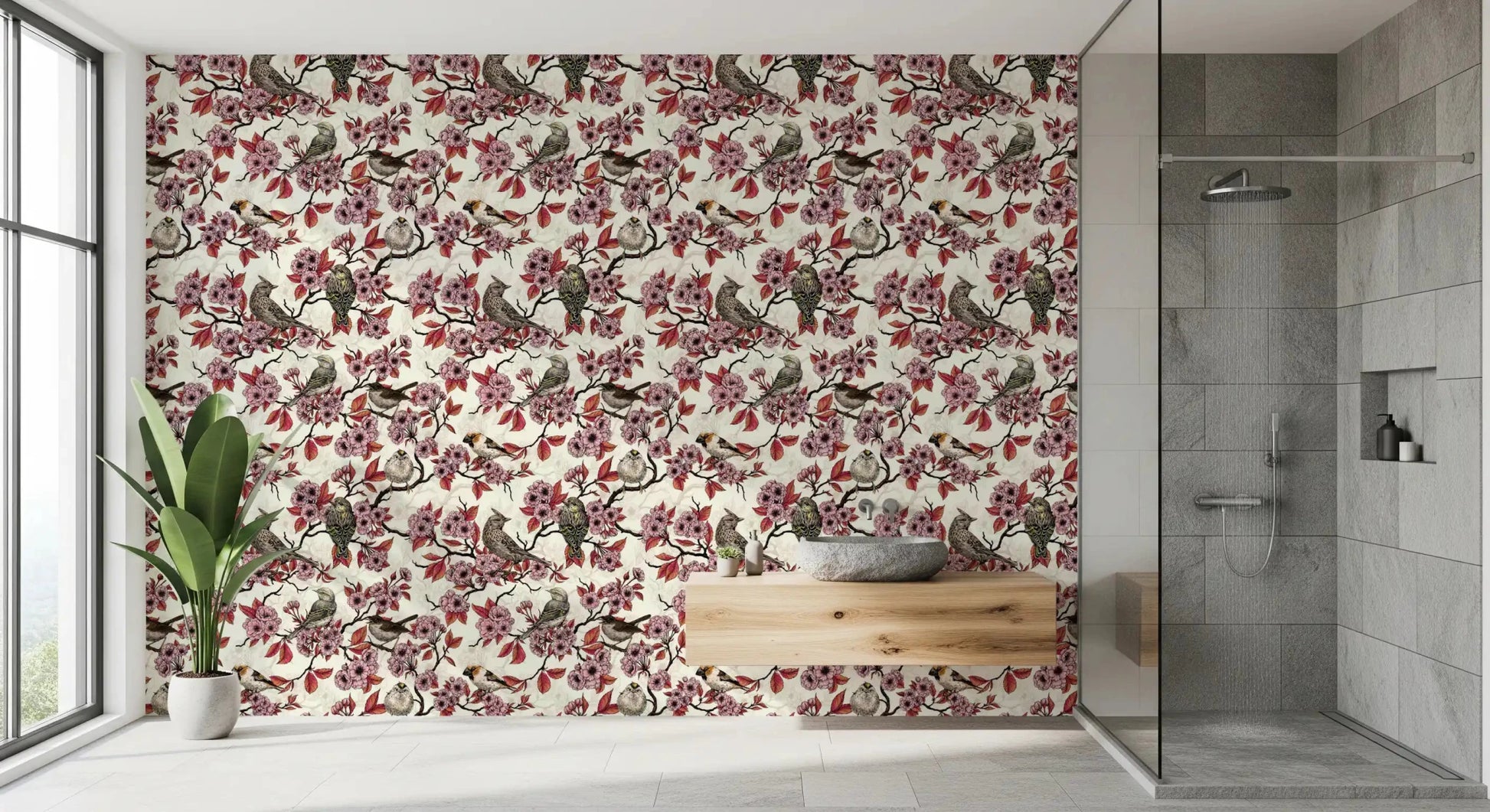 Bathroom with ivory blossom branch wallpaper and birds