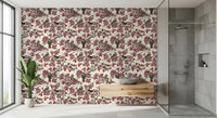 Bathroom with ivory blossom branch wallpaper and birds