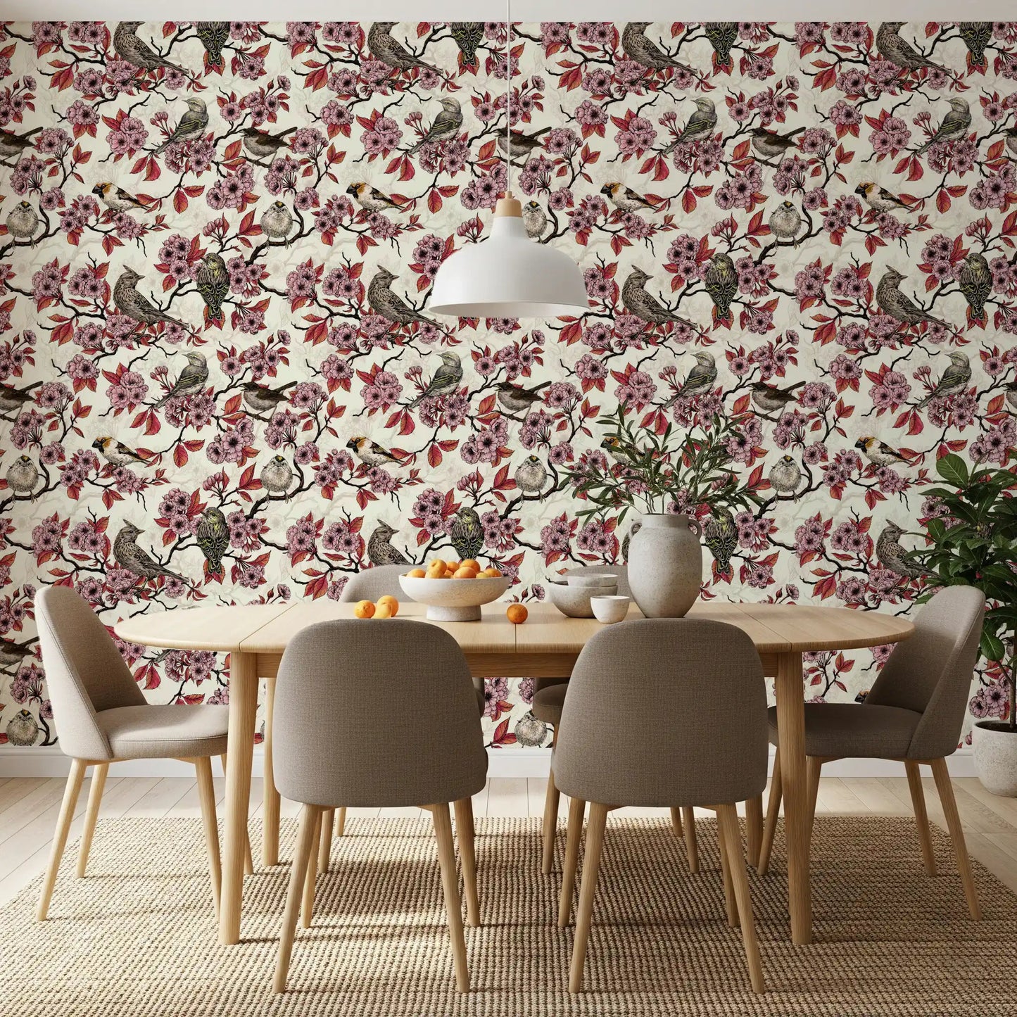 Dining room with vintage cherry blossom wallpaper pattern