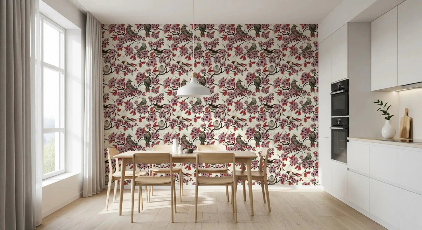 Dining room styled in vintage bird and floral wallpaper