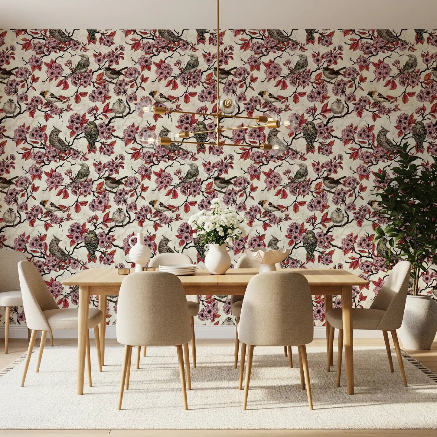 Dining room featuring ivory floral bird wallpaper