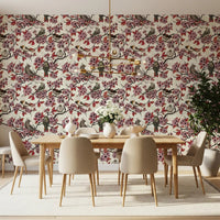 Dining room featuring ivory floral bird wallpaper