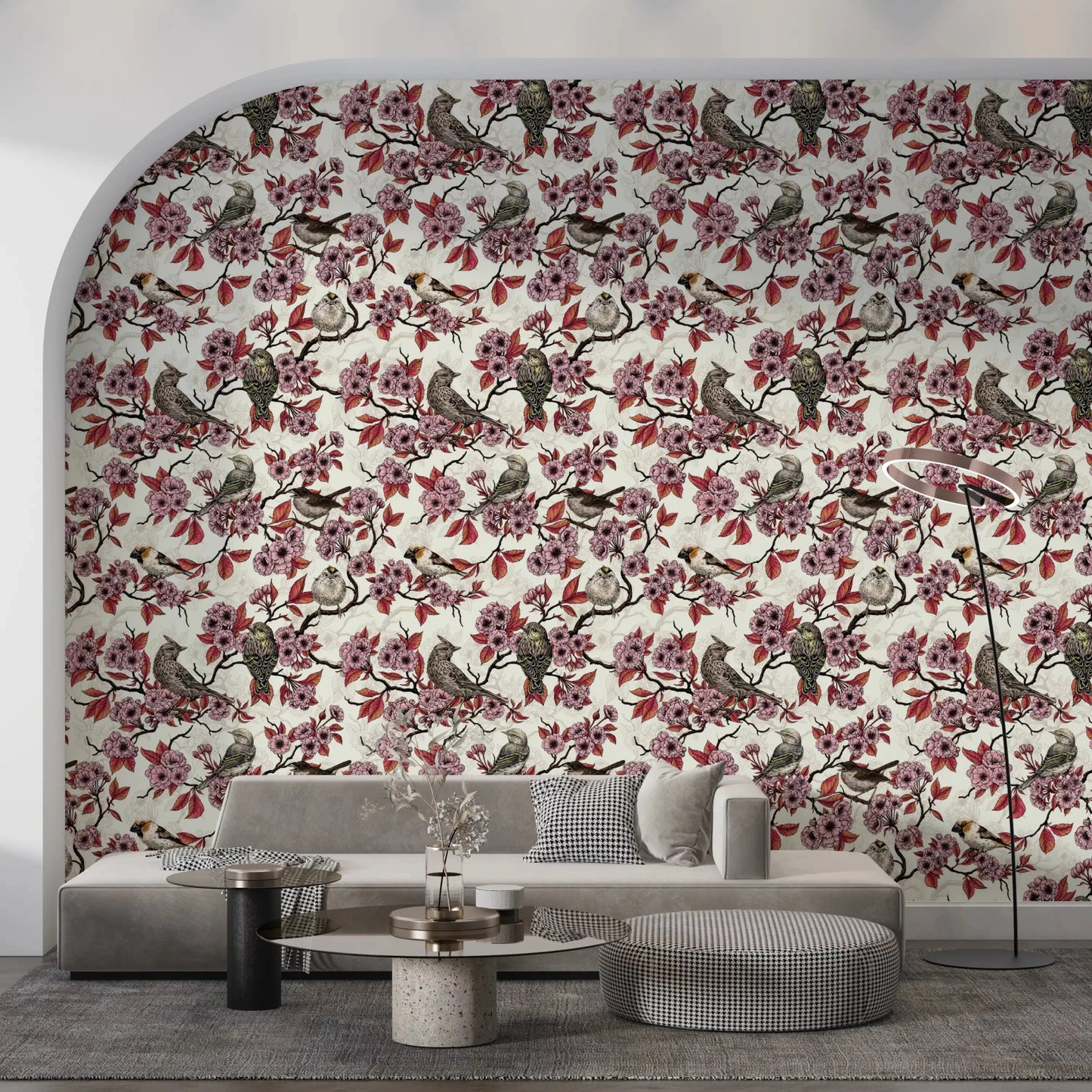 Living room with soft cherry blossom and bird wallpaper