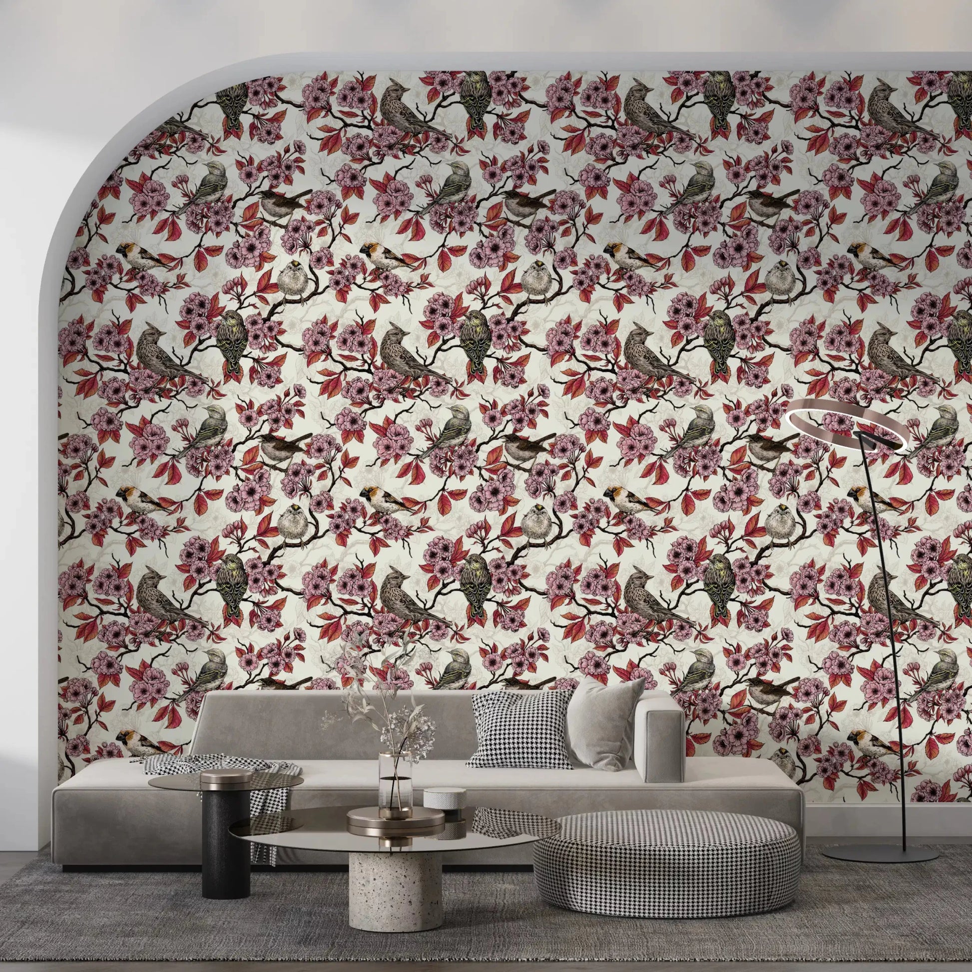 Living room with soft cherry blossom and bird wallpaper