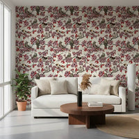 Guest room with cherry blossom wallpaper in ivory tones