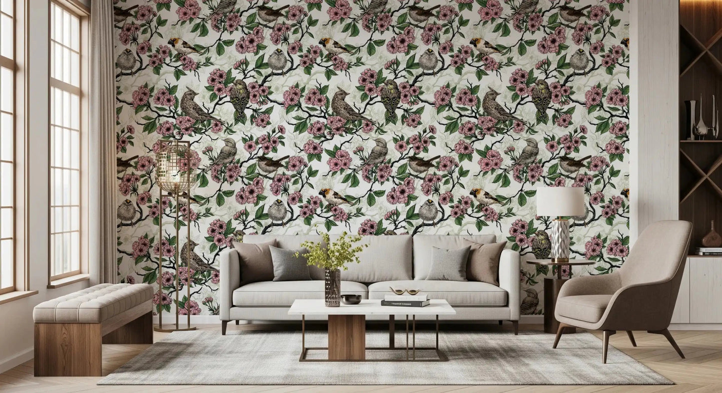 living room in vintage white botanical bird wallpaper