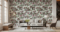 living room in vintage white botanical bird wallpaper