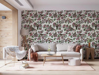 living area styled in cherry blossom bird wallpaper on white